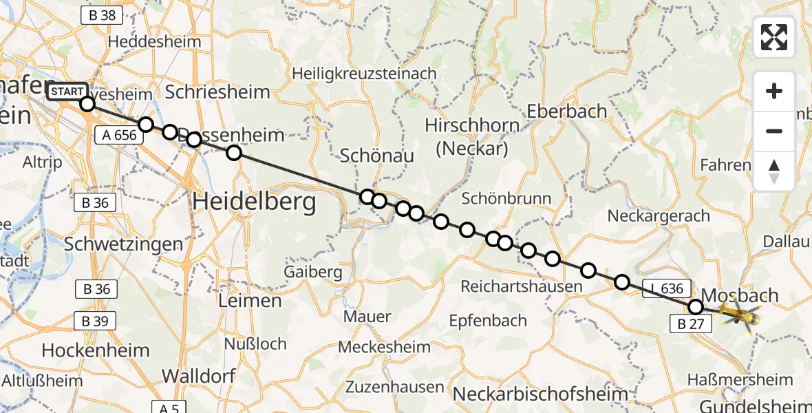 Flugroute Rettungshubschrauber Mannheim-City Flughafen - Mosbach, 26 April 2026, 10:57