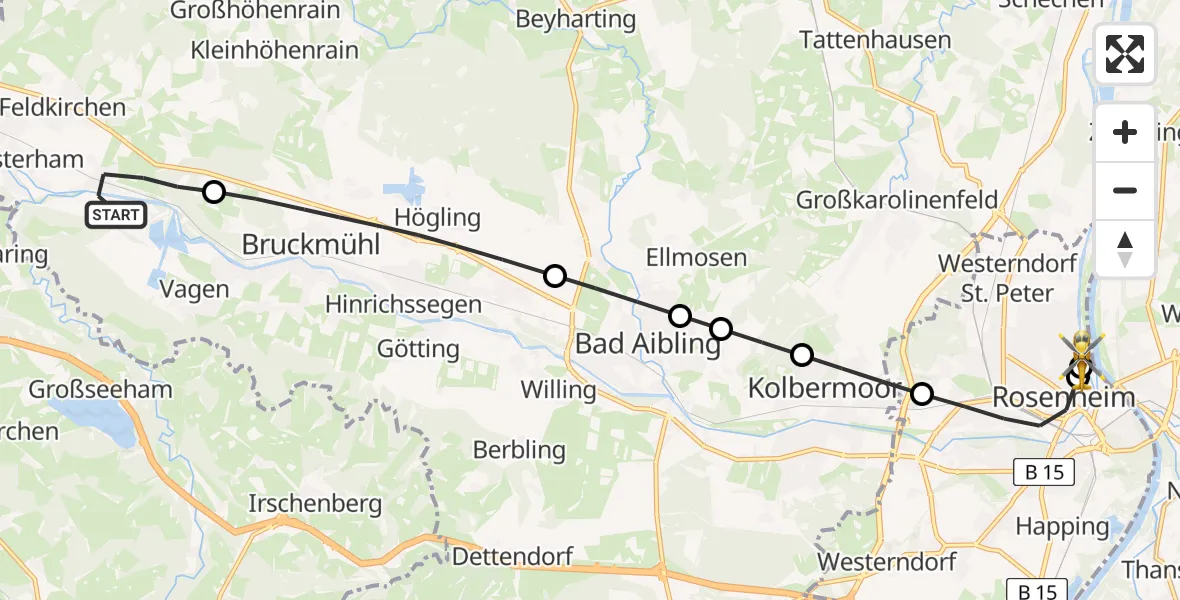 Flugroute Rettungshubschrauber Feldkirchen-Westerham - RoMed Hospital Rosenheim, 26 April 2026, 10:57