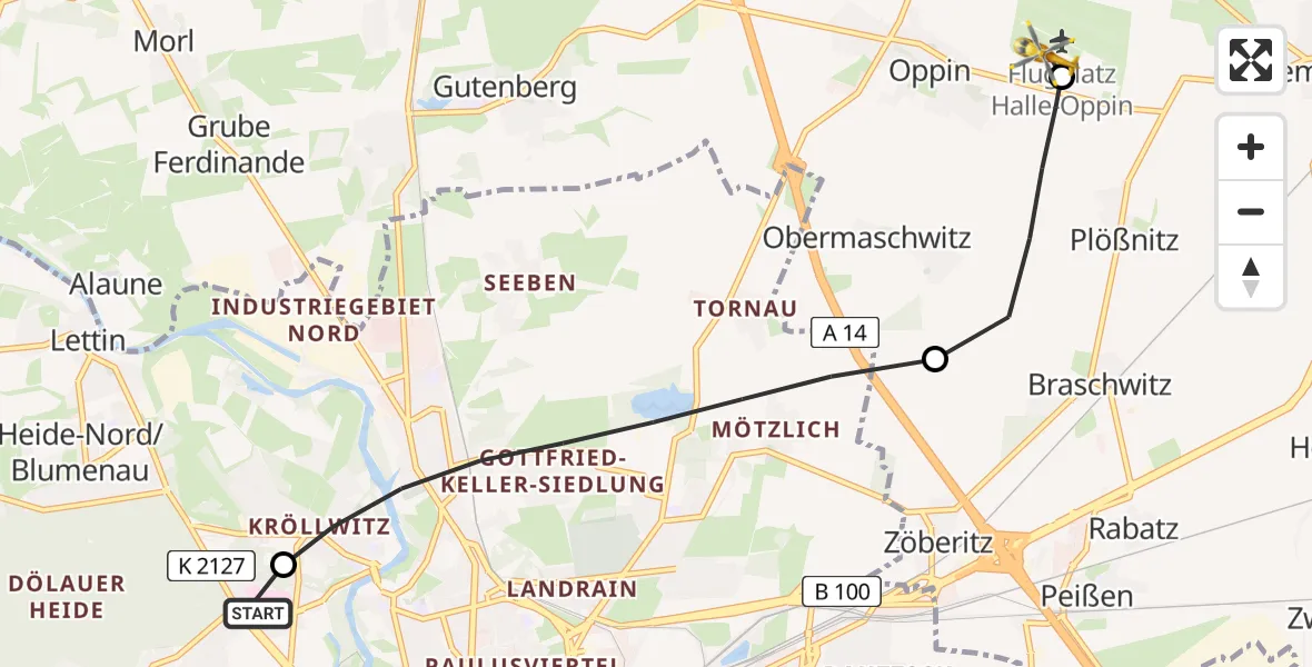 Flugroute Ambulanzhubschrauber Halle (Saale) University Hospital - Halle-Oppin Flugplatz, 26 April 2026, 11:02