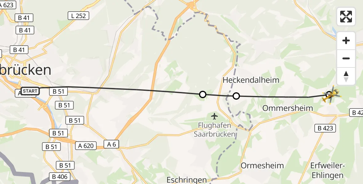Flugroute Rettungshubschrauber Saarbrücken - Blieskastel, 26 April 2026, 11:10