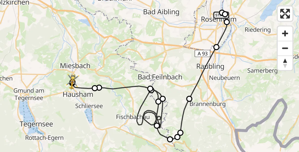 Flugroute Rettungshubschrauber RoMed Hospital Rosenheim - Agatharied Hospital, 26 April 2026, 11:30