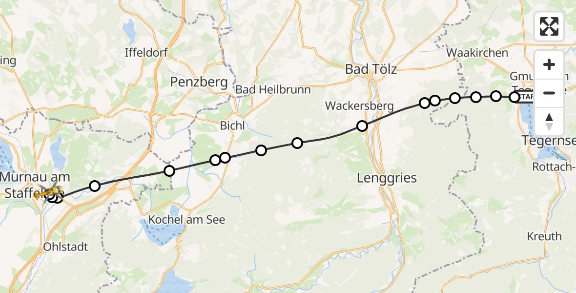 Flugroute Rettungshubschrauber Tegernsee - Murnau Accident Hospital, 26 April 2026, 11:31