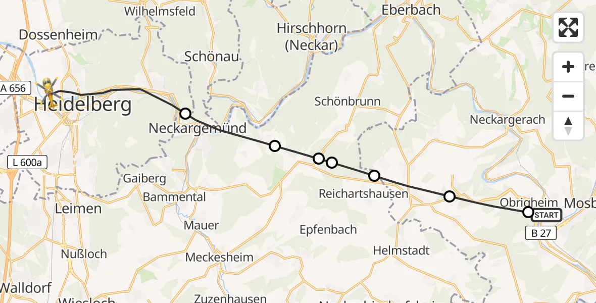 Flugroute Rettungshubschrauber Mosbach - Heidelberg, 26 April 2026, 11:57
