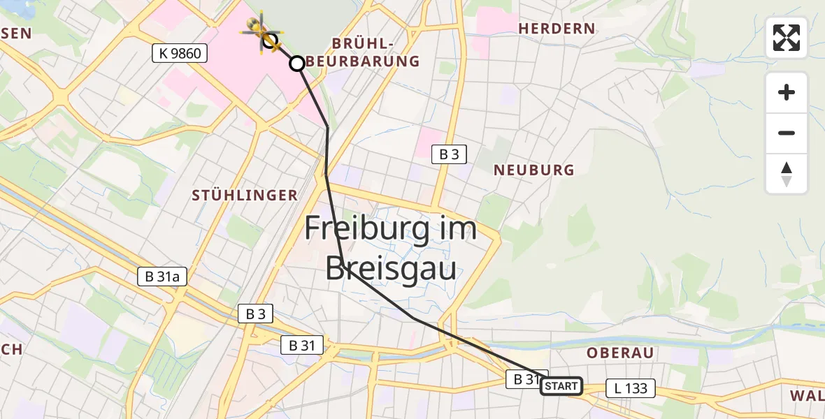 Flugroute Rettungshubschrauber Freiburg im Breisgau - Freiburg University Hospital Heliport 1, 26 April 2026, 12:12
