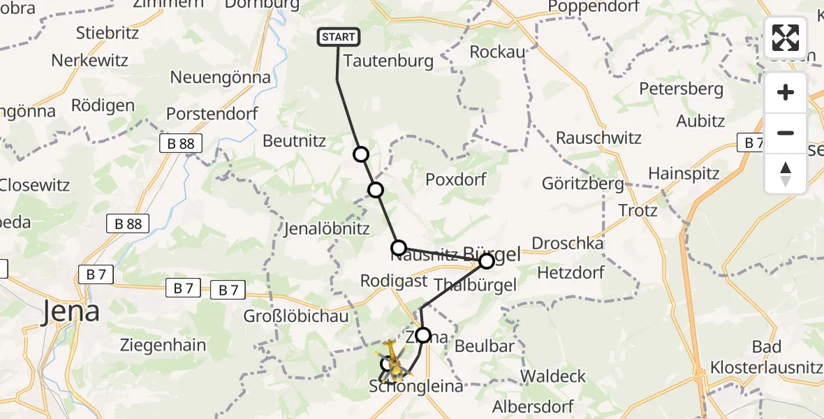 Flugroute Rettungshubschrauber Tautenburg - Jena-Schöngleina Flugplatz, 26 April 2026, 12:16