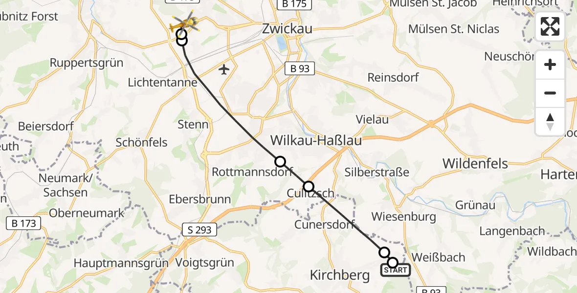 Flugroute Rettungshubschrauber Heinrich Braun Hospital Kirchberg - ADAC Air Rescue Station Zwickau Hubschrauberlandeplatz, 26 April 2026, 12:22