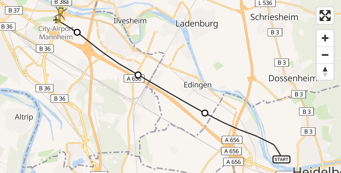 Flugroute Rettungshubschrauber Heidelberg - Mannheim-City Flughafen, 26 April 2026, 12:30