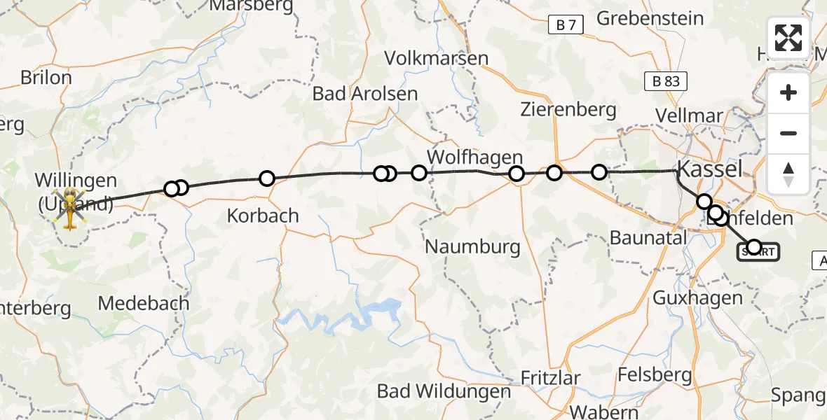 Flugroute Rettungshubschrauber Söhrewald - Willingen (Upland), 26 April 2026, 12:31