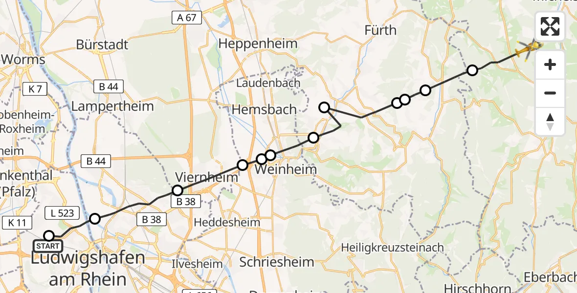 Flugroute Rettungshubschrauber Ludwigshafen Accident Hospital - Erbach, 26 April 2026, 12:36