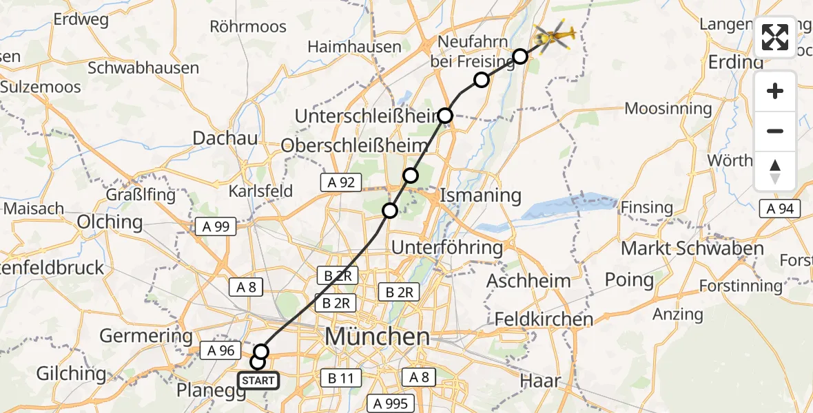 Flugroute Rettungshubschrauber DRF Air Rescue München Hubschrauberlandeplatz - Hallbergmoos, 26 April 2026, 12:37