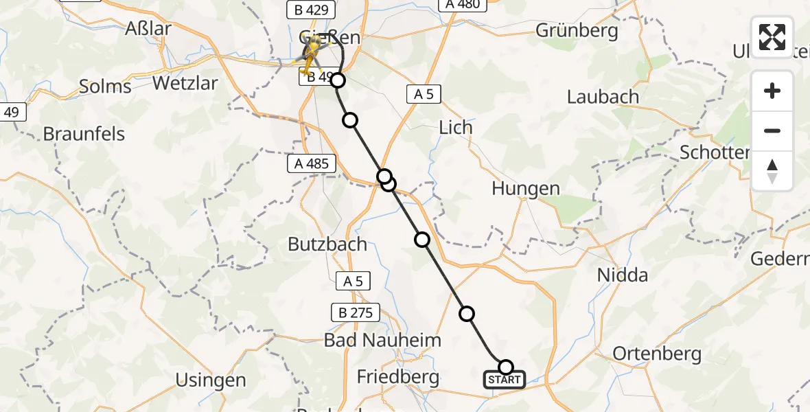 Flugroute Rettungshubschrauber Flugplatz Reichelsheim - Gießen, 26 April 2026, 12:48