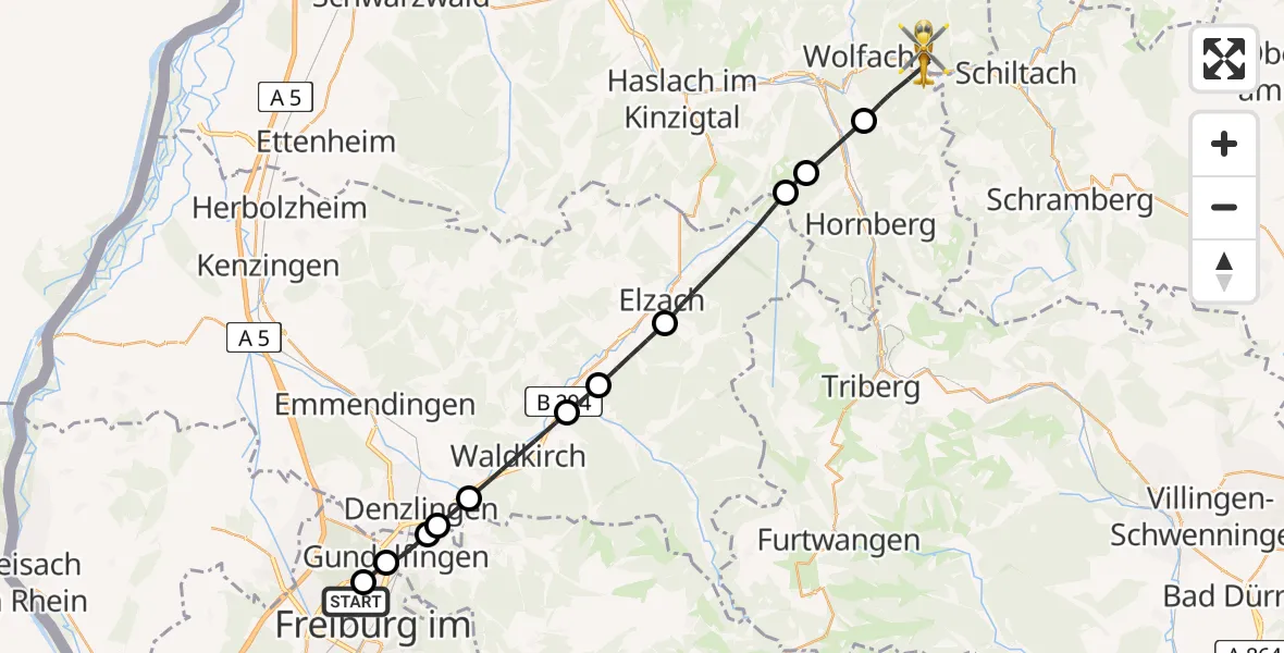 Flugroute Rettungshubschrauber Freiburg im Breisgau Flugplatz - Wolfach, 26 April 2026, 12:58