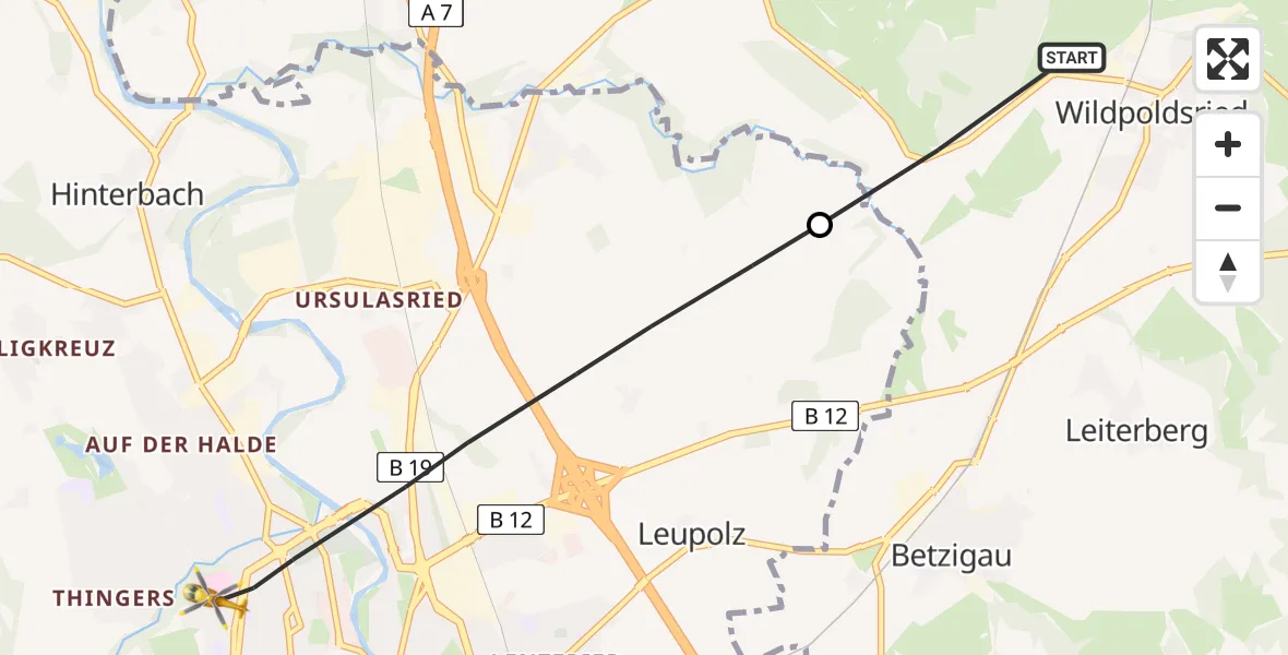Flugroute Rettungshubschrauber Haldenwang - Kempten (Allgäu), 26 April 2026, 13:05