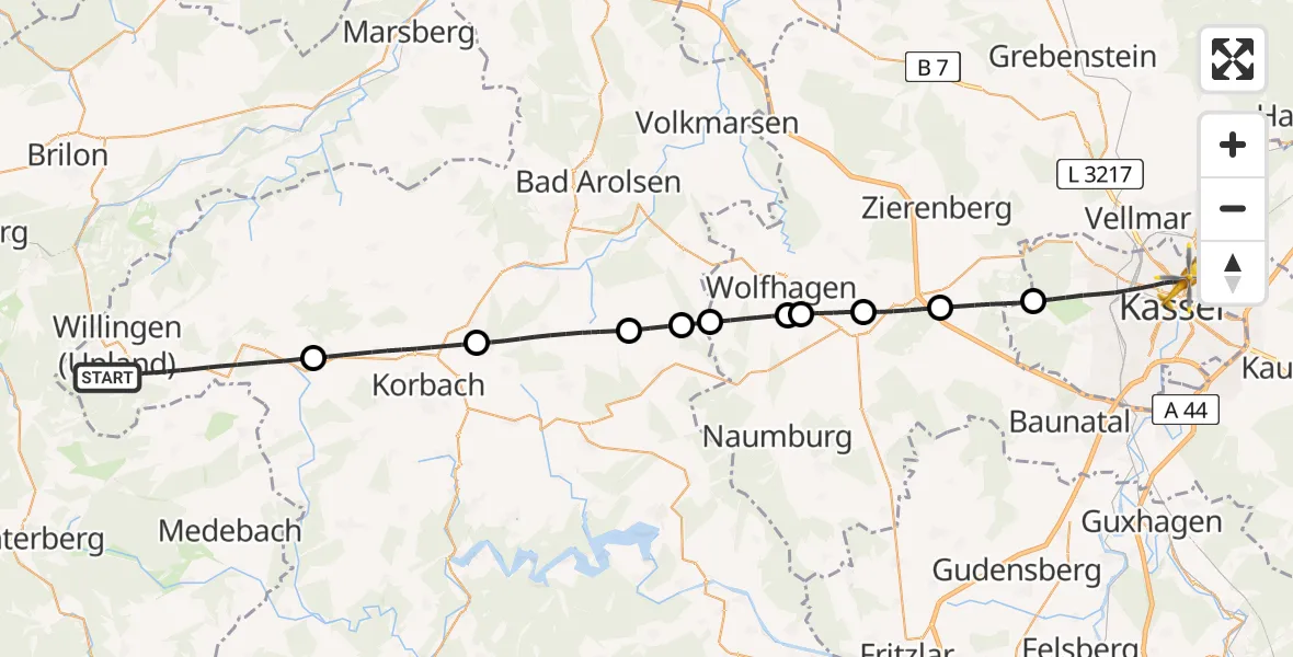 Flugroute Rettungshubschrauber Willingen (Upland) - Kassel, 26 April 2026, 13:13