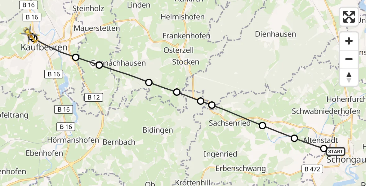 Flugroute Rettungshubschrauber Schongau - Ostallgäu-Kaufbeuren Hospital, 26 April 2026, 13:24