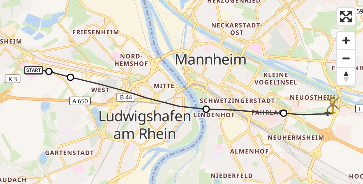 Flugroute Rettungshubschrauber Ludwigshafen Accident Hospital - Mannheim-City Flughafen, 26 April 2026, 13:27