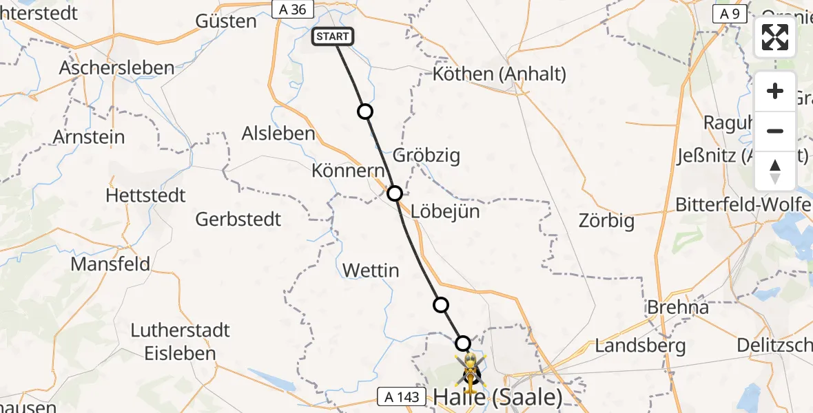 Flugroute Rettungshubschrauber Bernburg (Saale) - Halle (Saale) University Hospital, 26 April 2026, 13:46