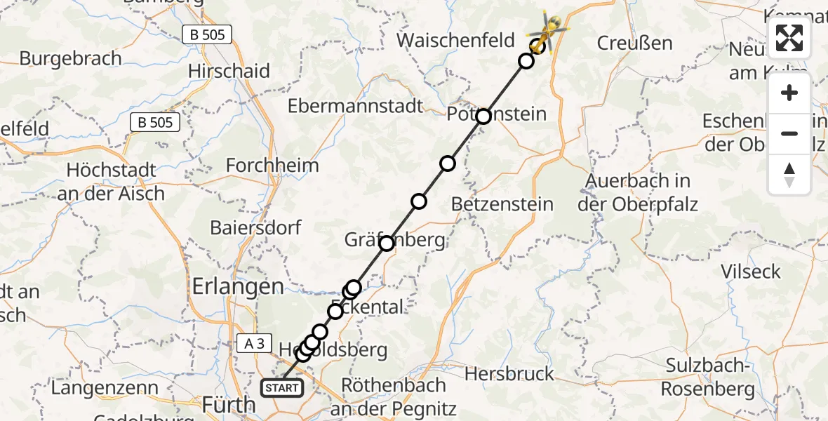 Flugroute Ambulanzhubschrauber Flughafen Nuremberg - Hummeltal, 26 April 2026, 13:52