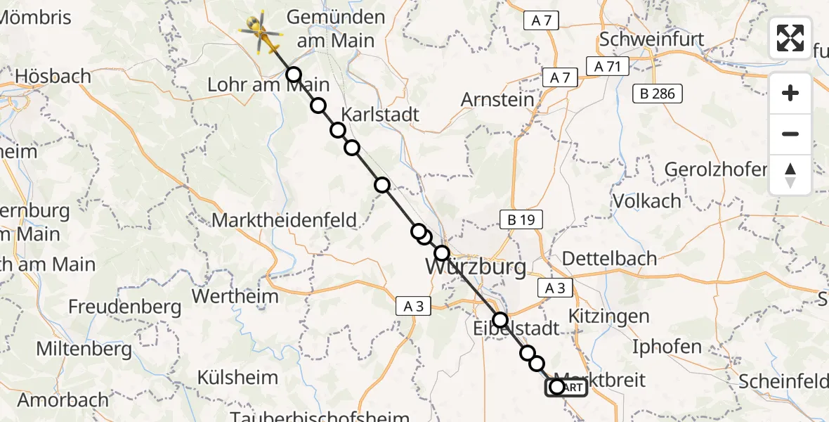 Flugroute Rettungshubschrauber Ochsenfurt Hospital - Ruppertshüttener Forst, 26 April 2026, 13:52