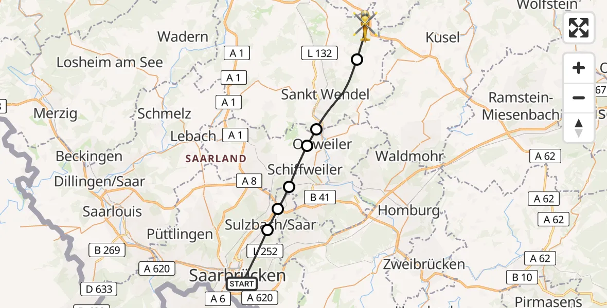 Flugroute Rettungshubschrauber Saarbrücken - Freisen, 26 April 2026, 13:59
