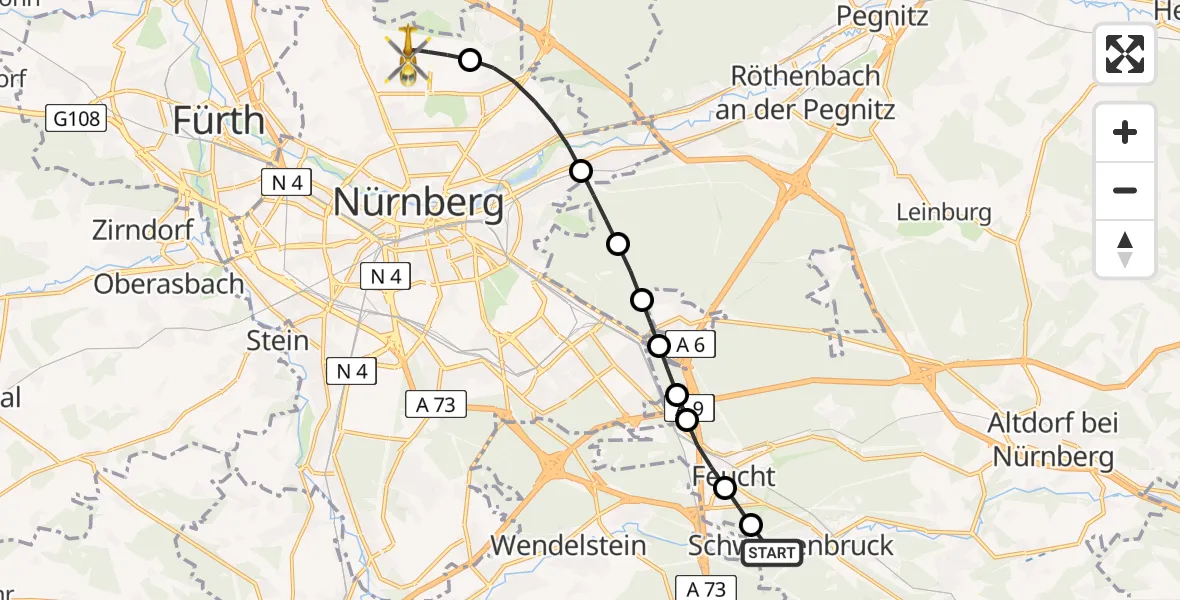 Flugroute Rettungshubschrauber Schwarzenbruck - Flughafen Nuremberg, 26 April 2026, 13:59