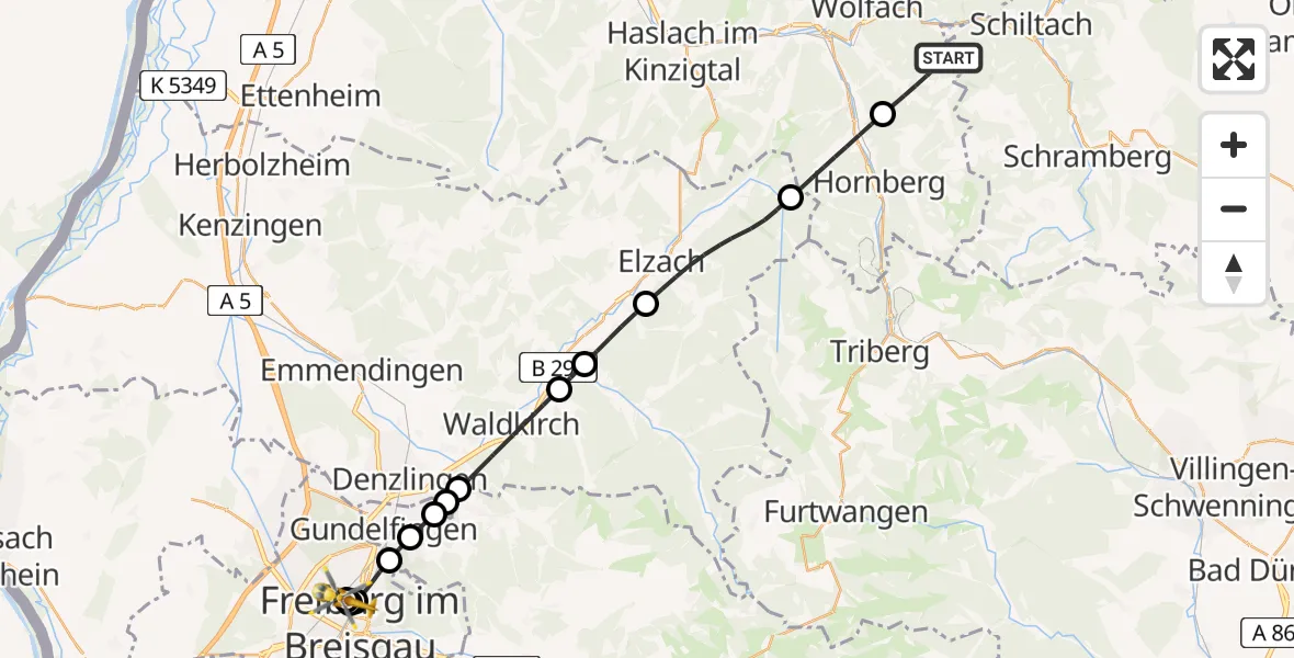 Flugroute Rettungshubschrauber Wolfach - Freiburg University Hospital Heliport 1, 26 April 2026, 14:15