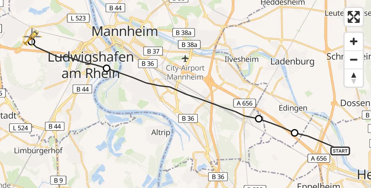Flugroute Rettungshubschrauber Heidelberg - Ludwigshafen Accident Hospital, 26 April 2026, 14:16