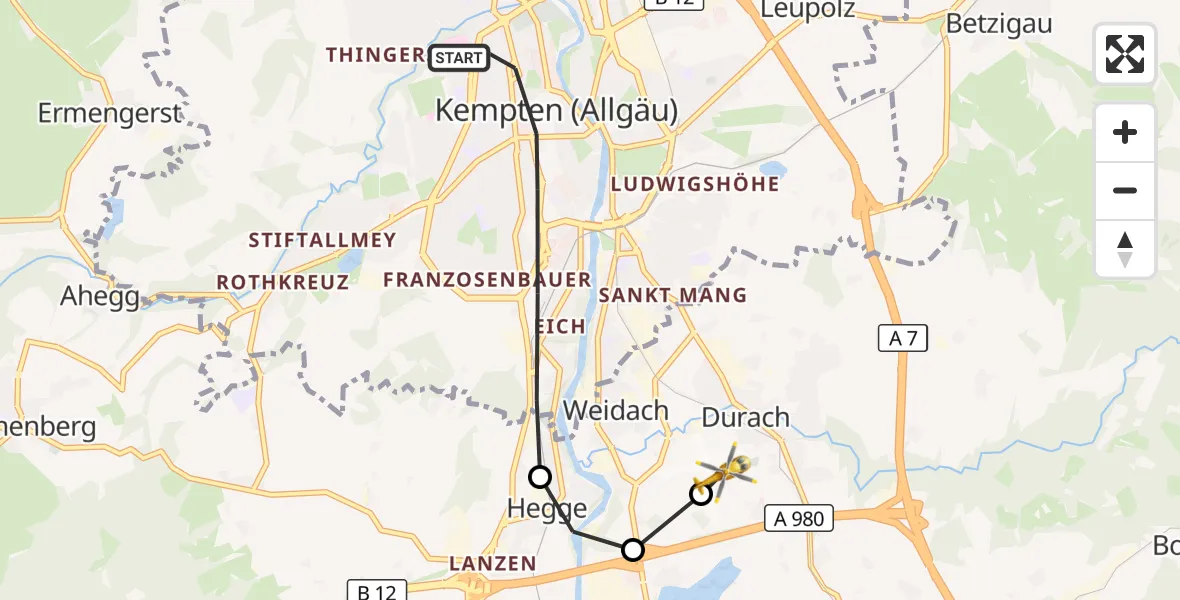 Flugroute Rettungshubschrauber Kempten (Allgäu) - Kempten-Durach Flugplatz, 26 April 2026, 14:20