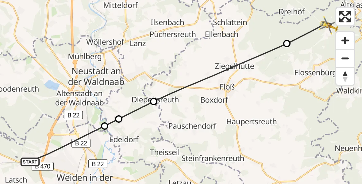 Flugroute Rettungshubschrauber Weiden i.d.OPf. - Flossenbürg, 26 April 2026, 14:22