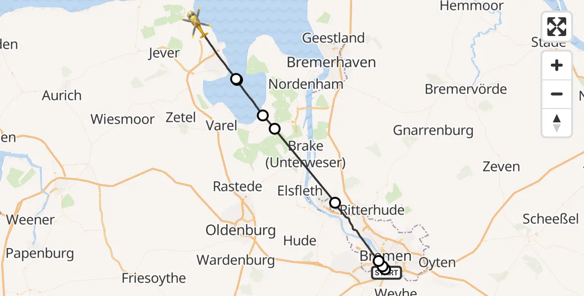 Flugroute Rettungshubschrauber ADAC Air Rescue Station Bremen Hubschrauberlandeplatz (Christoph 6) - Wangerland, 26 April 2026, 14:35