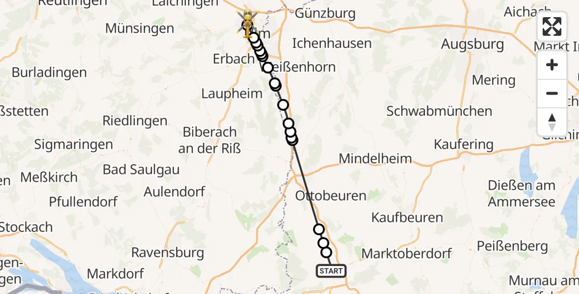 Flugroute Rettungshubschrauber Kempten (Allgäu) - Ulm Military Hospital Emergency Hubschrauberlandeplatz, 26 April 2026, 14:37