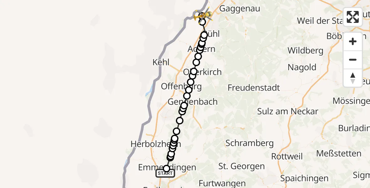 Flugroute Ambulanzhubschrauber Teningen - Karlsruhe Baden-Baden Flughafen, 26 April 2026, 14:49