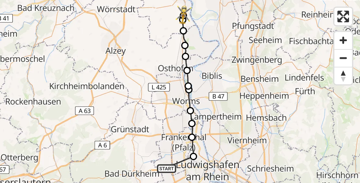 Flugroute Rettungshubschrauber Maxdorf - Dienheim, 26 April 2026, 14:52