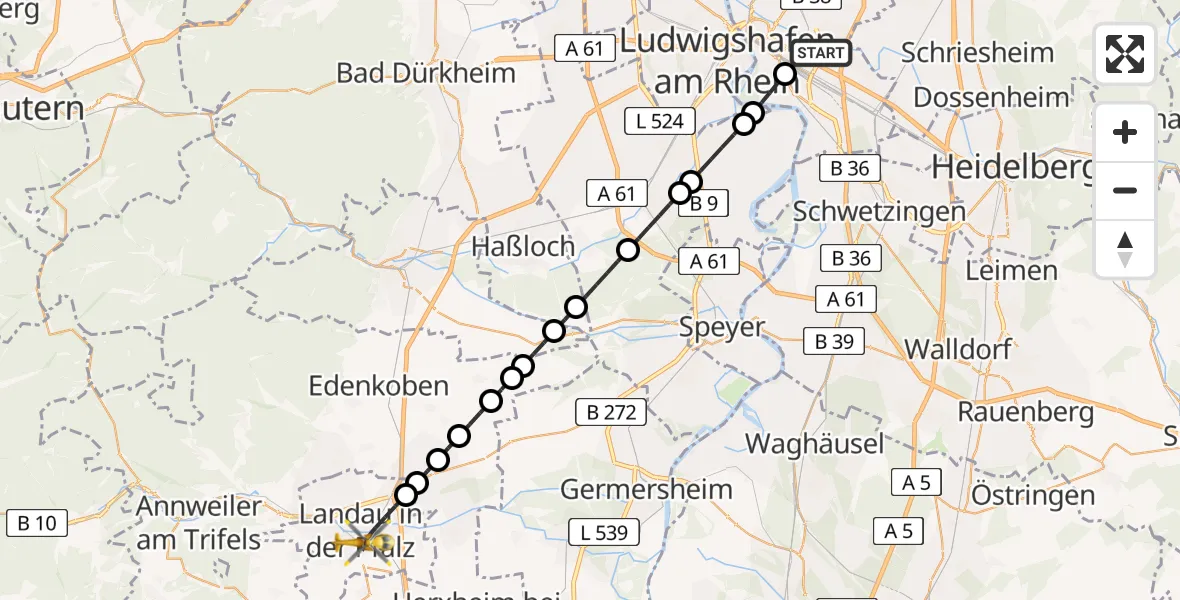 Flugroute Rettungshubschrauber Mannheim-City Flughafen - Landau in der Pfalz, 26 April 2026, 15:02