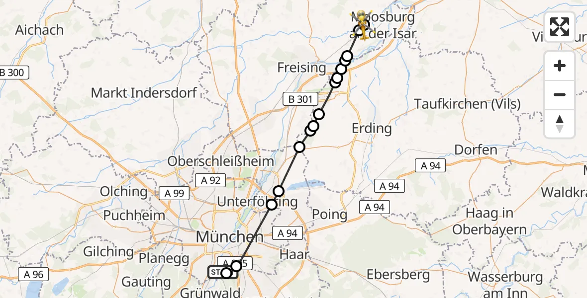 Flugroute Rettungshubschrauber ADAC Air Rescue Center Hubschrauberlandeplatz (Christoph 1) - Moosburg a.d.Isar, 26 April 2026, 15:06