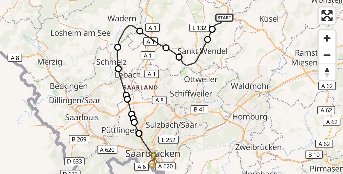 Flugroute Rettungshubschrauber Freisen - Saarbrücken, 26 April 2026, 15:07