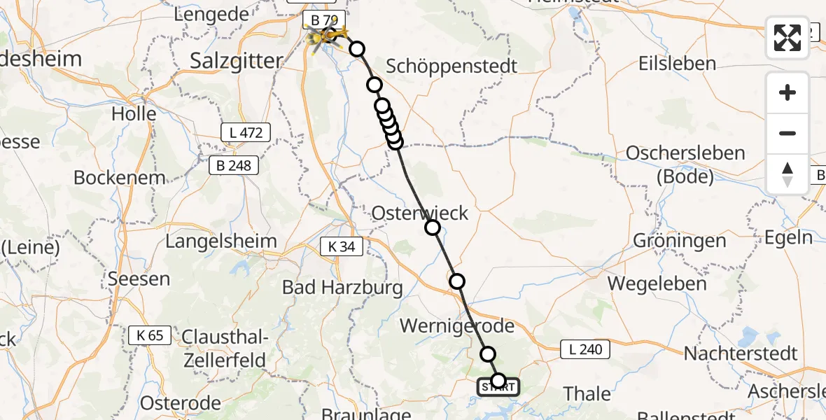 Flugroute Rettungshubschrauber Oberharz am Brocken - Wolfenbüttel Municipal Hospital Heliport (Christoph 30), 26 April 2026, 15:10