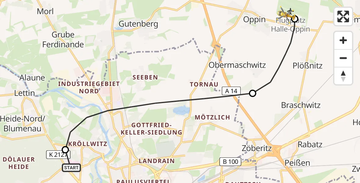Flugroute Rettungshubschrauber Halle (Saale) University Hospital - Halle-Oppin Flugplatz, 26 April 2026, 15:11