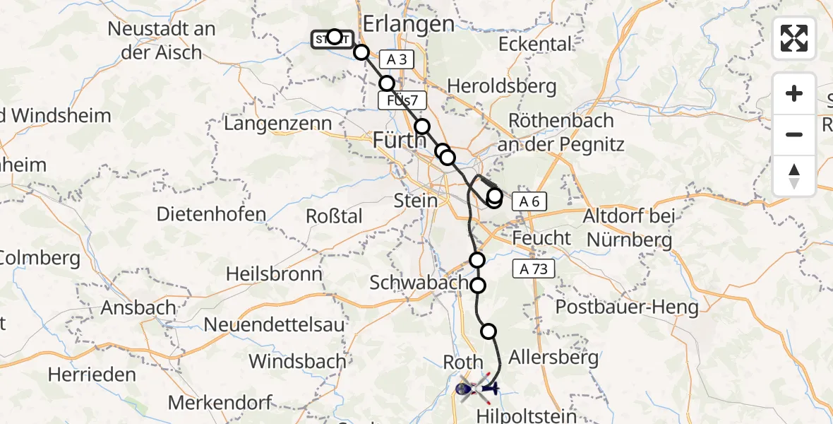 Flugroute Polizeihubschrauber Herzogenaurach Flugplatz - Roth, 26 April 2026, 15:19