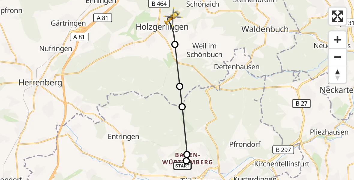Flugroute Rettungshubschrauber Tübingen Trauma Hospital - Holzgerlingen, 26 April 2026, 15:28