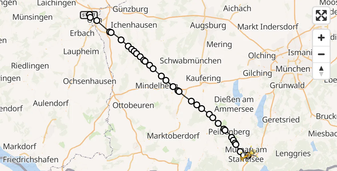 Flugroute Rettungshubschrauber Ulm Military Hospital Emergency - Murnau Accident Hospital, 26 April 2026, 15:32