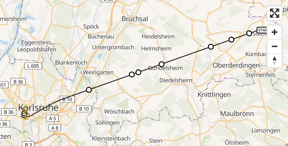 Flugroute Rettungshubschrauber Sulzfeld - Sankt Vincentius Hospital, 26 April 2026, 15:41