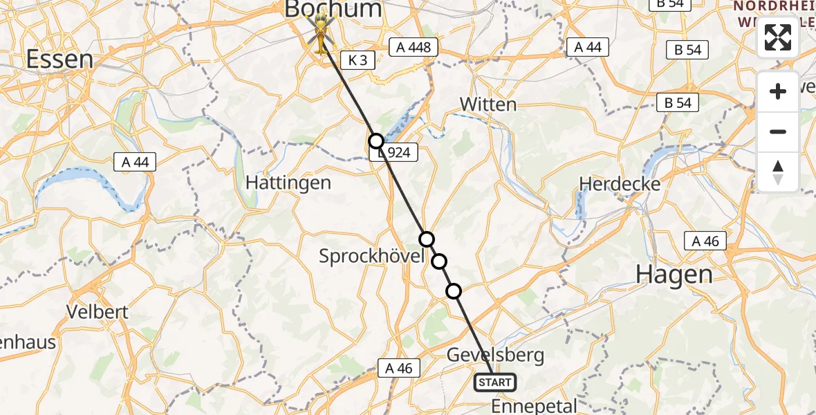 Flugroute Rettungshubschrauber Gevelsberg - Bochum, 26 April 2026, 15:47
