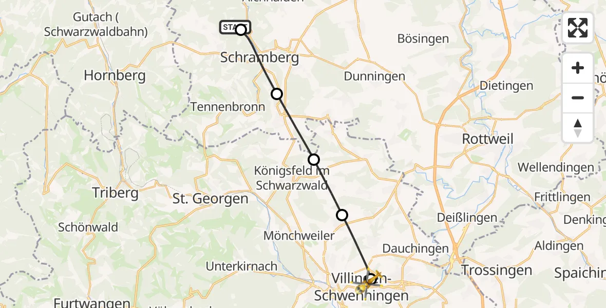 Flugroute Rettungshubschrauber Schiltach - DRF Air Rescue Station Villingen-Schwenningen Hubschrauberlandeplatz (Christoph 11), 26 April 2026, 15:51