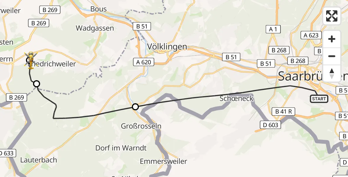 Flugroute Rettungshubschrauber Saarbrücken - Überherrn, 26 April 2026, 15:55