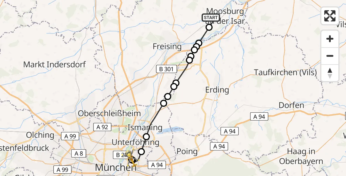 Flugroute Rettungshubschrauber Moosburg a.d.Isar - München Bogenhausen Hospital, 26 April 2026, 15:56