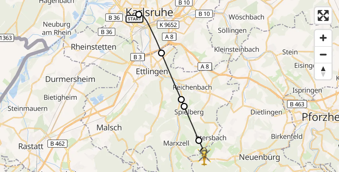 Flugroute Rettungshubschrauber Sankt Vincentius Hospital - Straubenhardt, 26 April 2026, 16:04