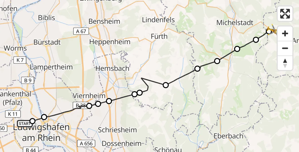Flugroute Rettungshubschrauber Ludwigshafen Accident Hospital - Amorbach, 26 April 2026, 16:09