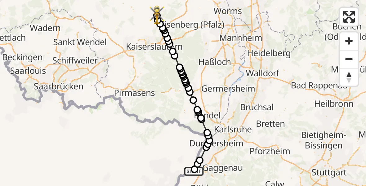 Flugroute Rettungshubschrauber Karlsruhe Baden-Baden Flughafen - Imsweiler UL, 26 April 2026, 16:13