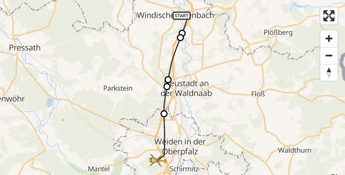Flugroute Rettungshubschrauber Windischeschenbach - Weiden i.d.OPf., 26 April 2026, 16:14